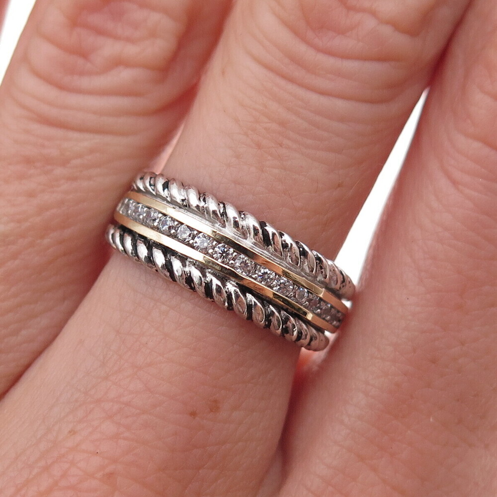 925 Sterling Silver 14K Gold Vintage Round-Cut C Z Oxidized Ring Size 7